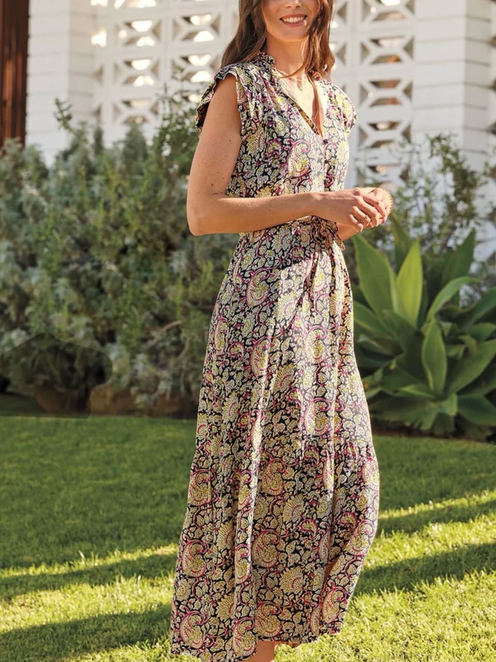 Love Tomas by Emerson Fry Frances Frill Navy Paisley print Maxi Dress sz M - Picture 2 of 14